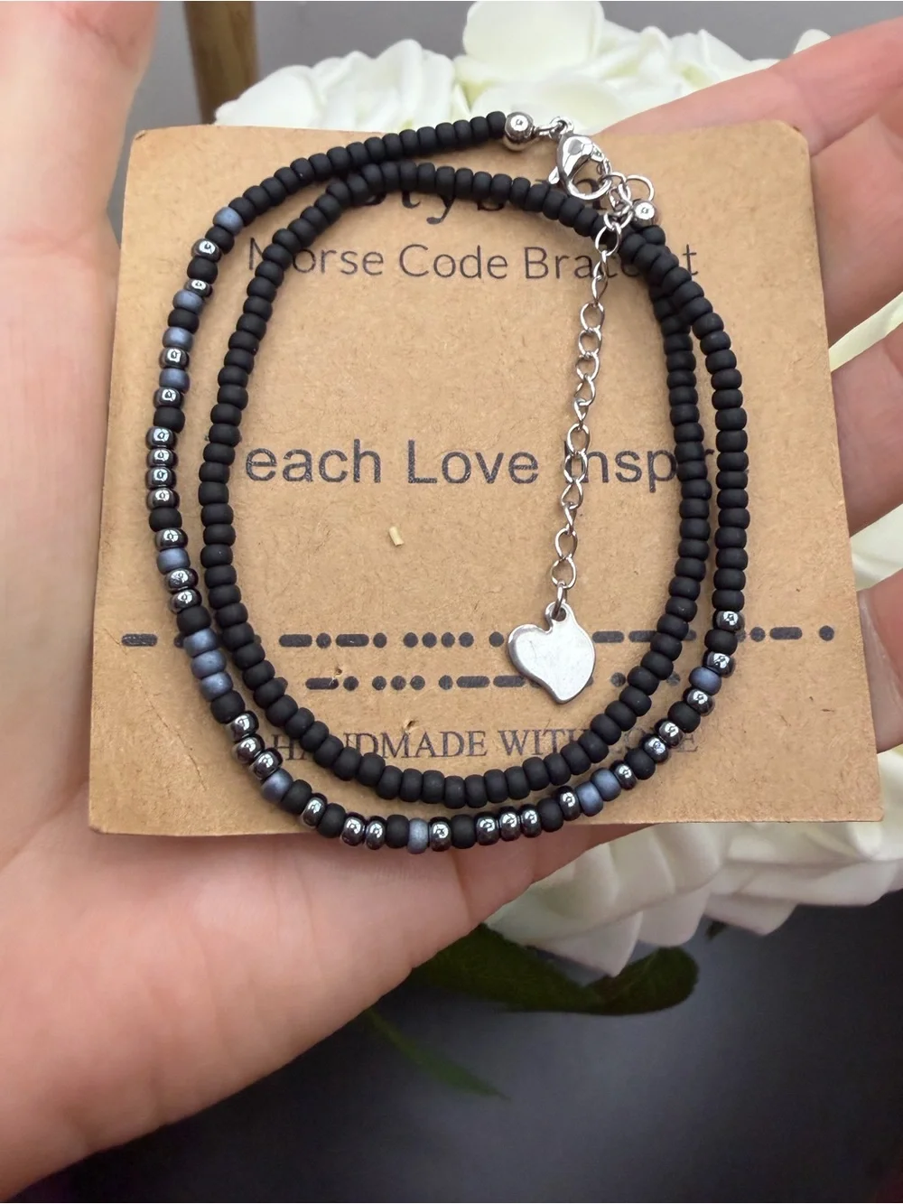 Handmade Black Beaded bracelet with Silver Heart Charm